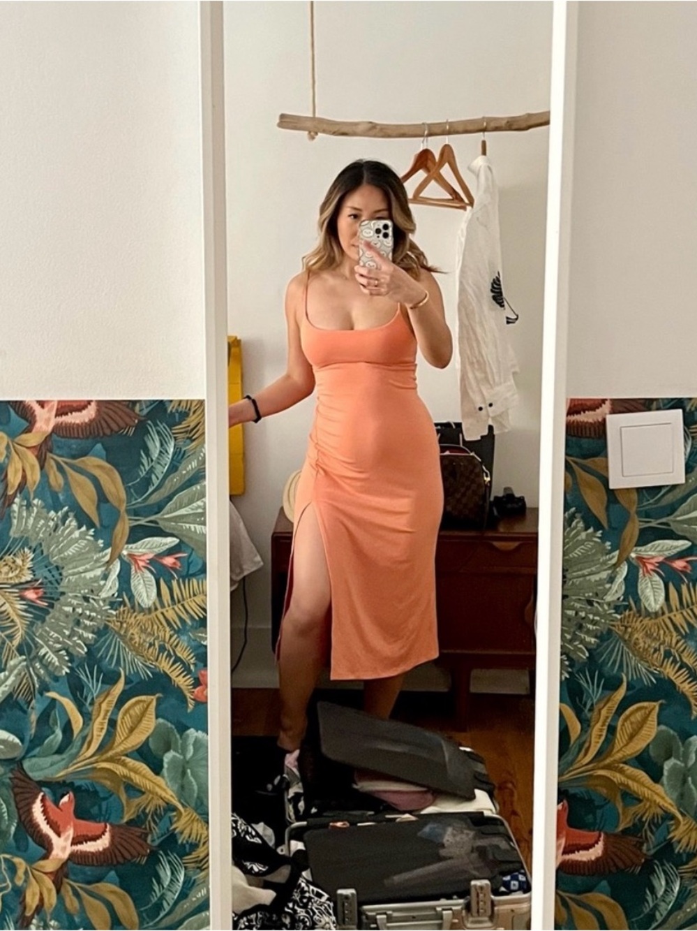 ARITZIA WILFRED Dreamweaver Midi Dress S Side Slit Light Orange Tank Tie Back